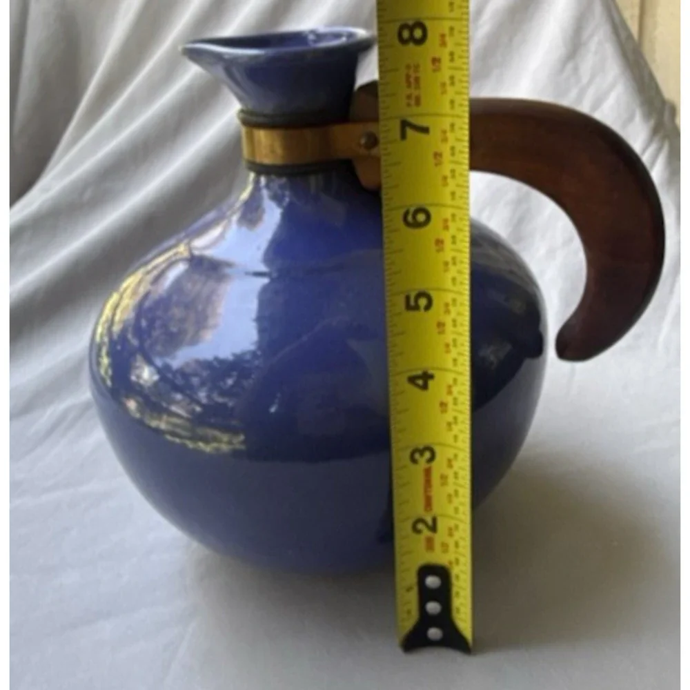 Vintage Bauer Pottery Plainware Blue Coffee Carafe Pitcher Wood Handle Lid MCM